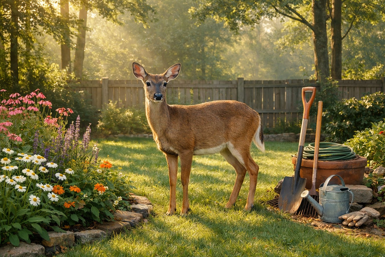 A deer standing quietly in a lush green garden with flowers and a wooden fence in the background.