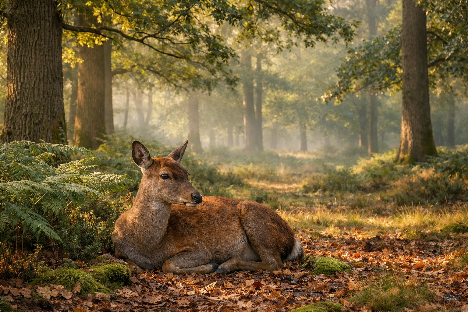 A red deer resting quietly on the forest floor surrounded by trees and ferns in a misty woodland.