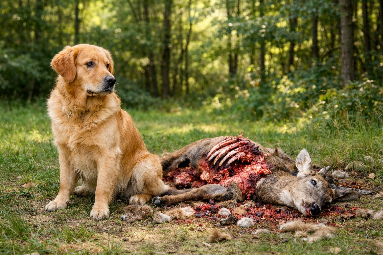 A golden retriever dog sitting near a partially eaten deer carcass in a forest clearing.