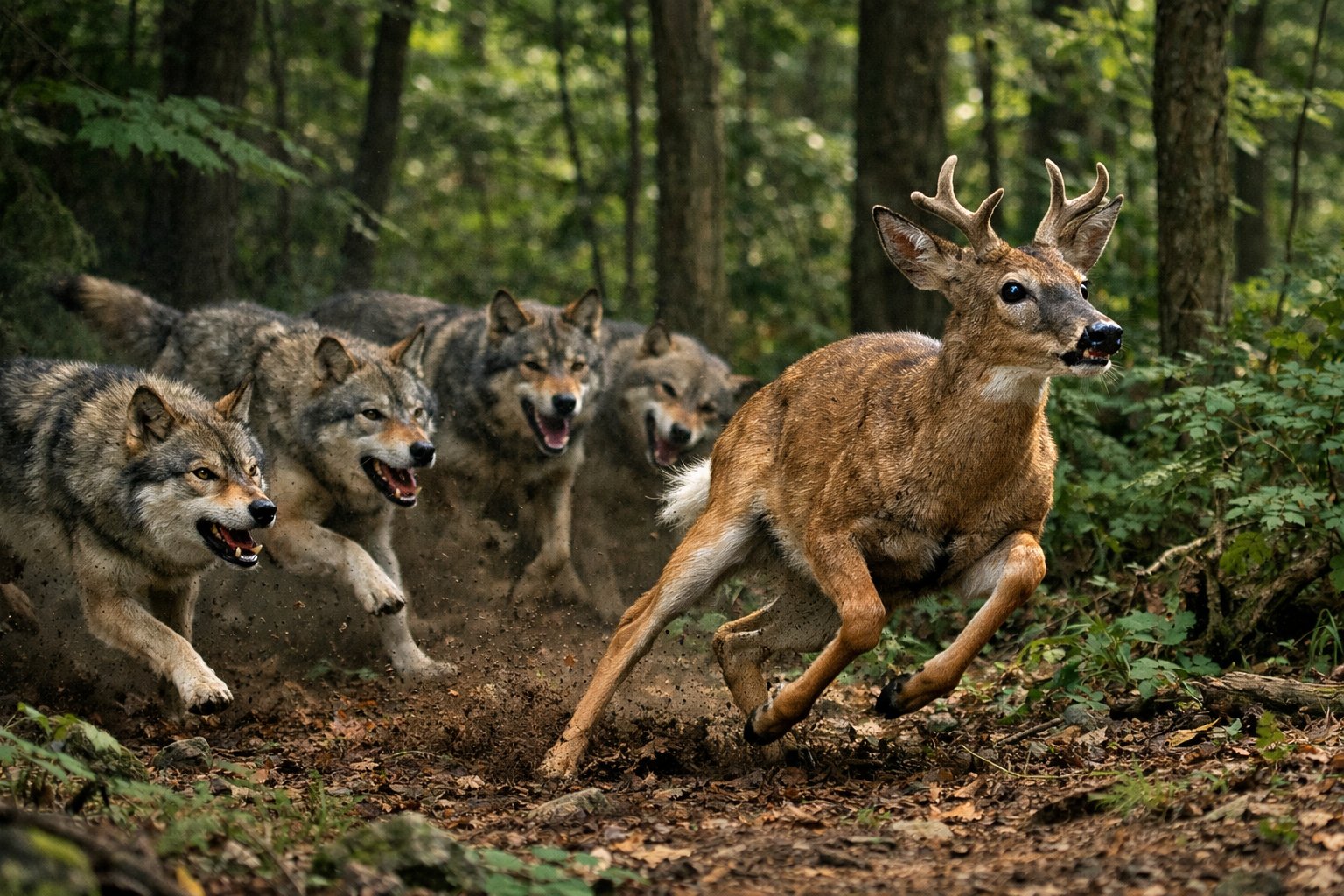 A pack of wolves hunting a deer in a forest during daylight.