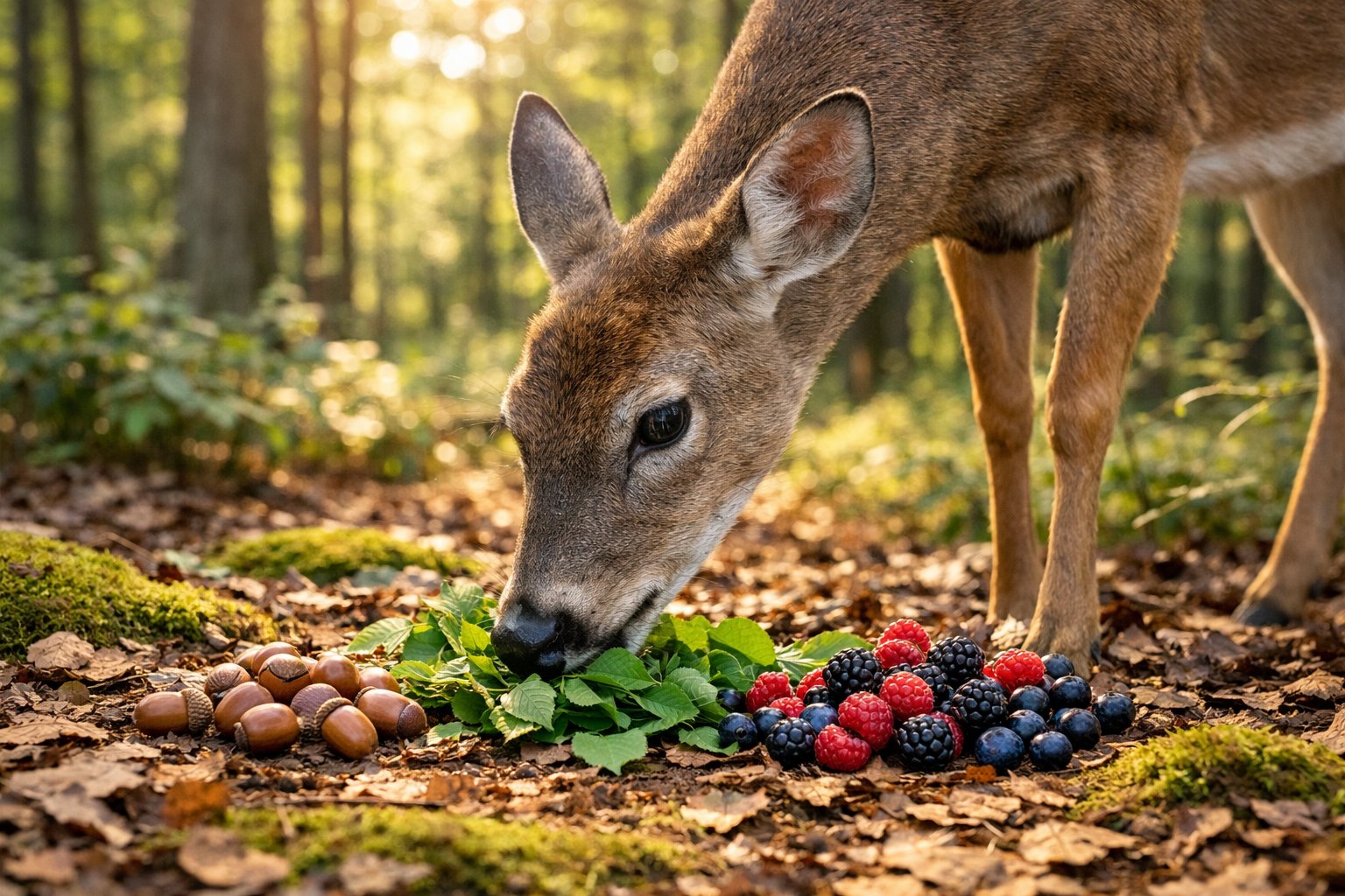 A wild deer eating acorns, leaves, and berries on a forest floor surrounded by trees and sunlight.