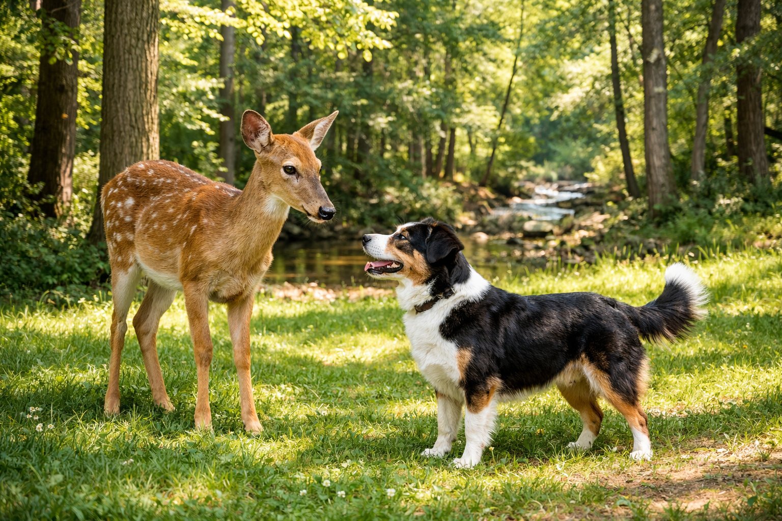 A deer and a dog calmly standing near each other in a sunlit forest clearing.