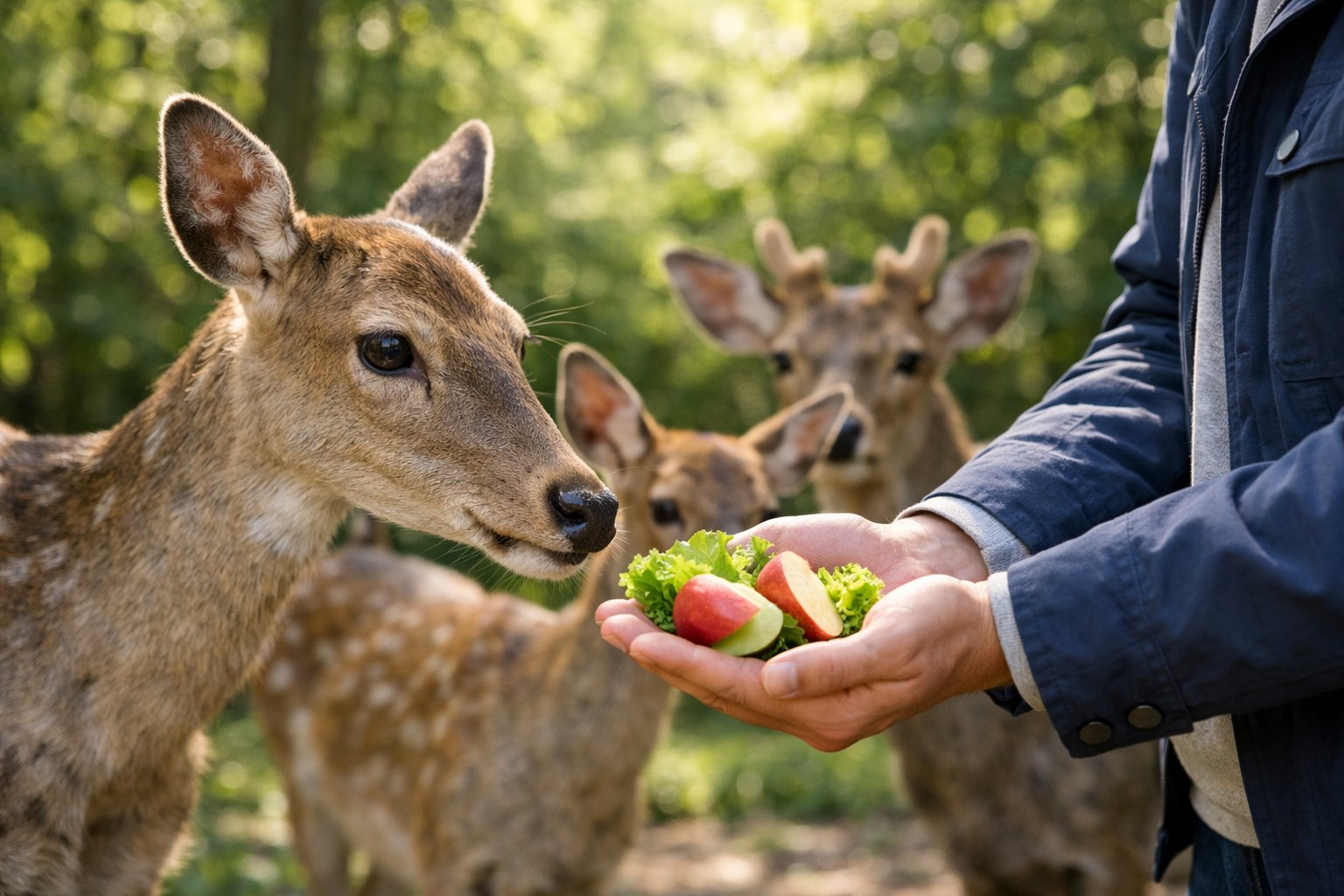 A person feeding wild deer fresh fruits and vegetables in a green forest setting.