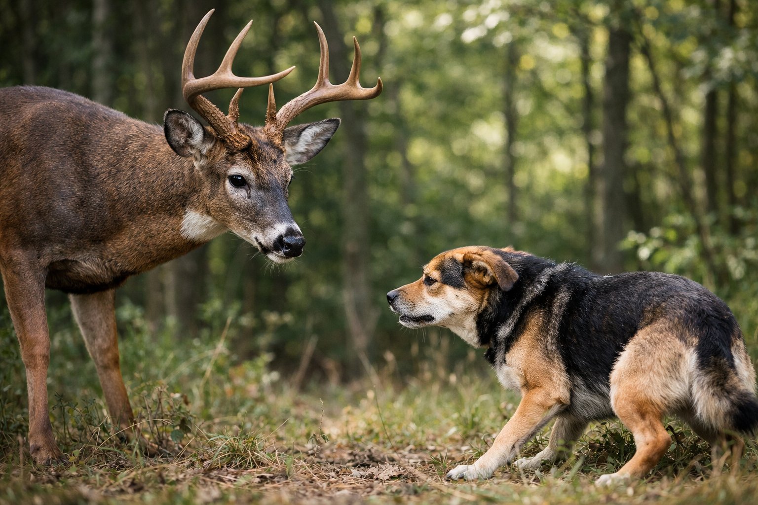 A deer and a dog facing each other in a forest, both appearing alert and cautious.
