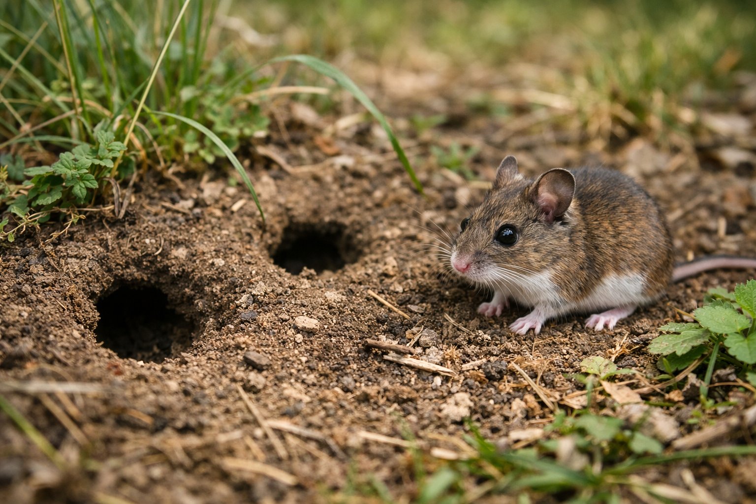 A deer mouse near small holes dug in the soil surrounded by grass and plants in a natural outdoor setting.