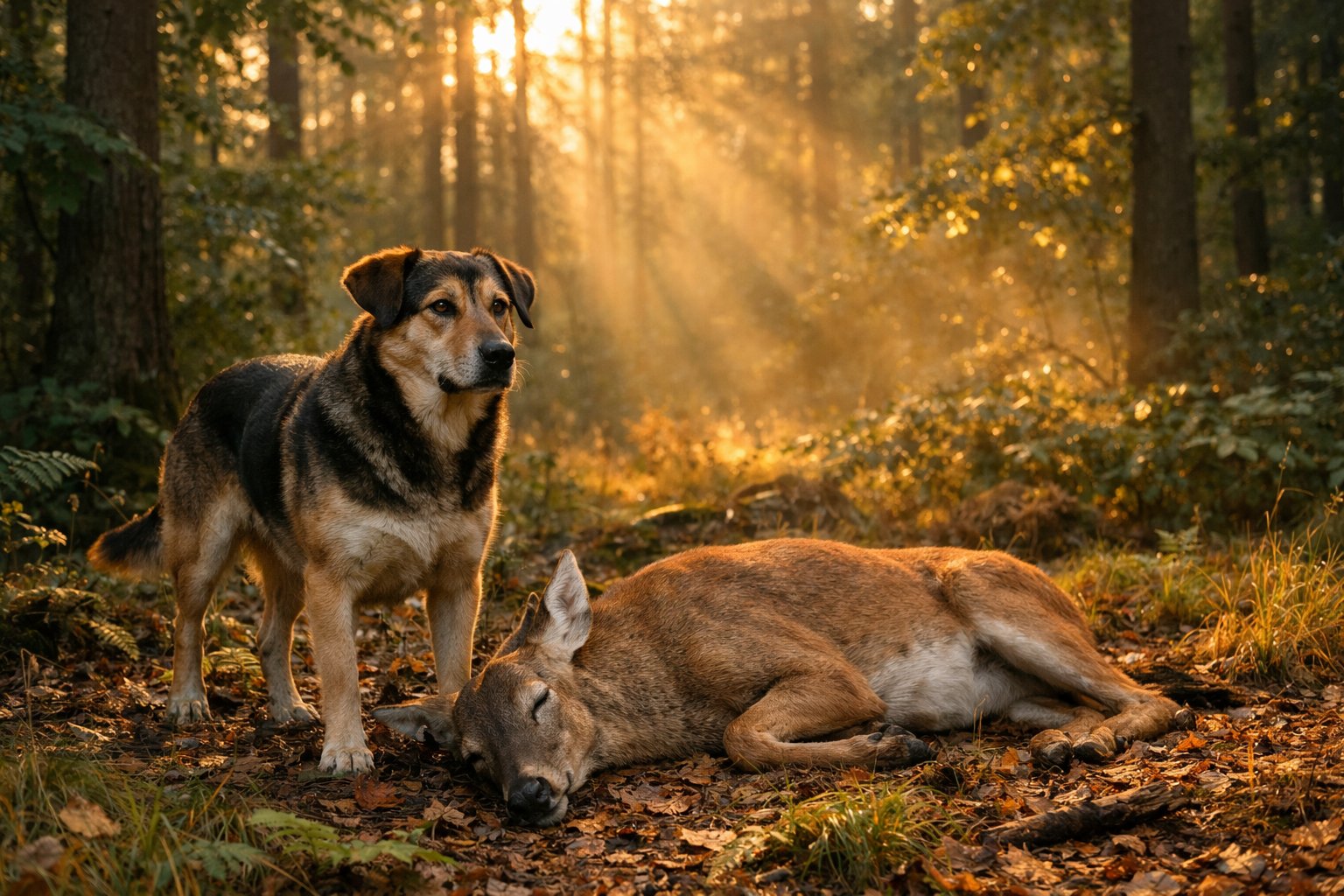 A dog standing next to a fallen deer in a forest with sunlight filtering through the trees.