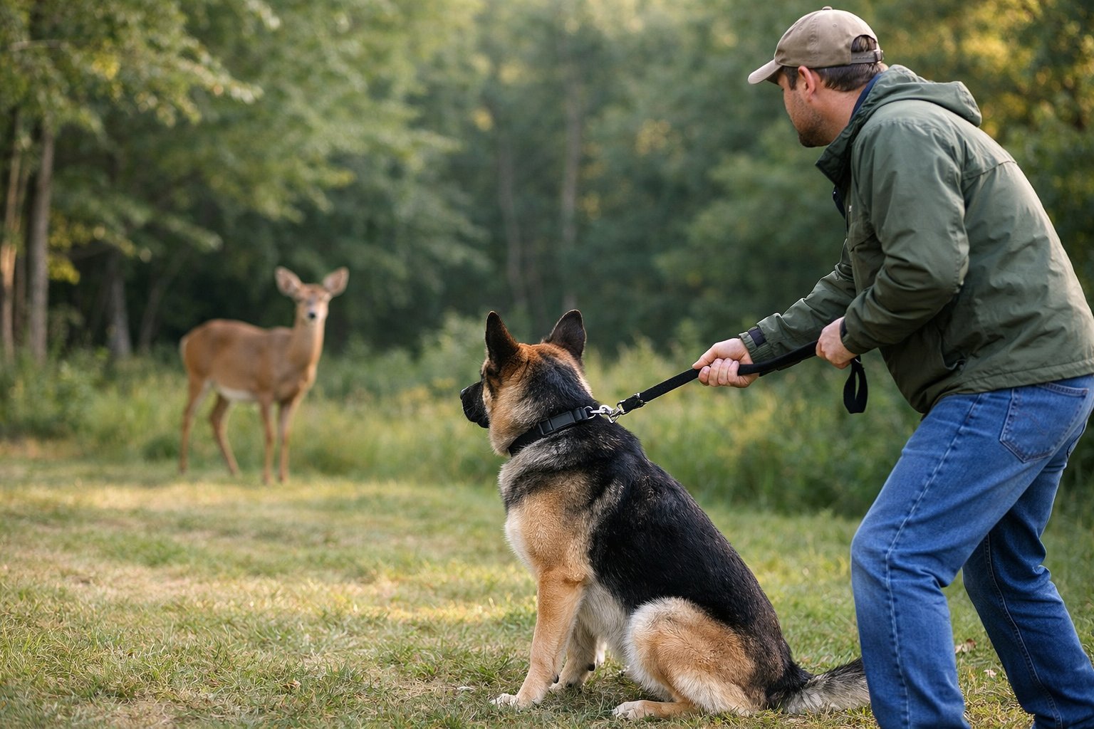 A person holding a leashed dog calmly while a deer stands nearby in a forest.