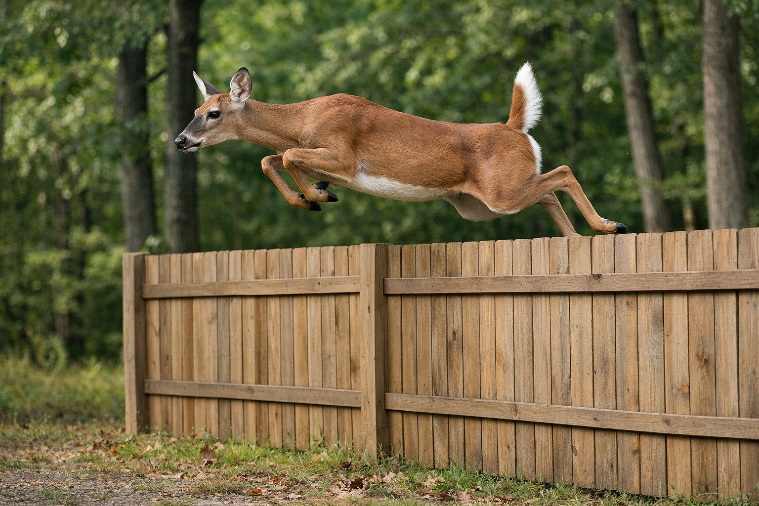 A deer jumping over a tall wooden fence in a forested area.