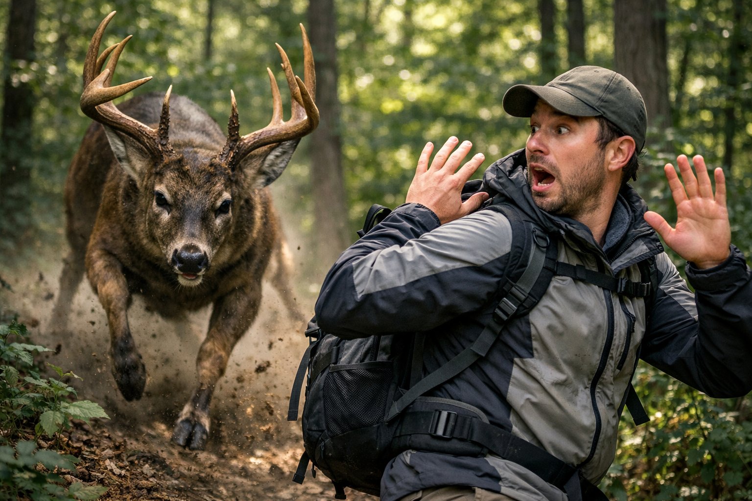 A deer with large antlers is charging at a surprised hiker in a forest.