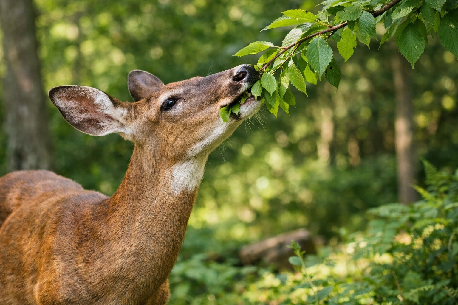 A deer eating green leaves from a branch in a forest.