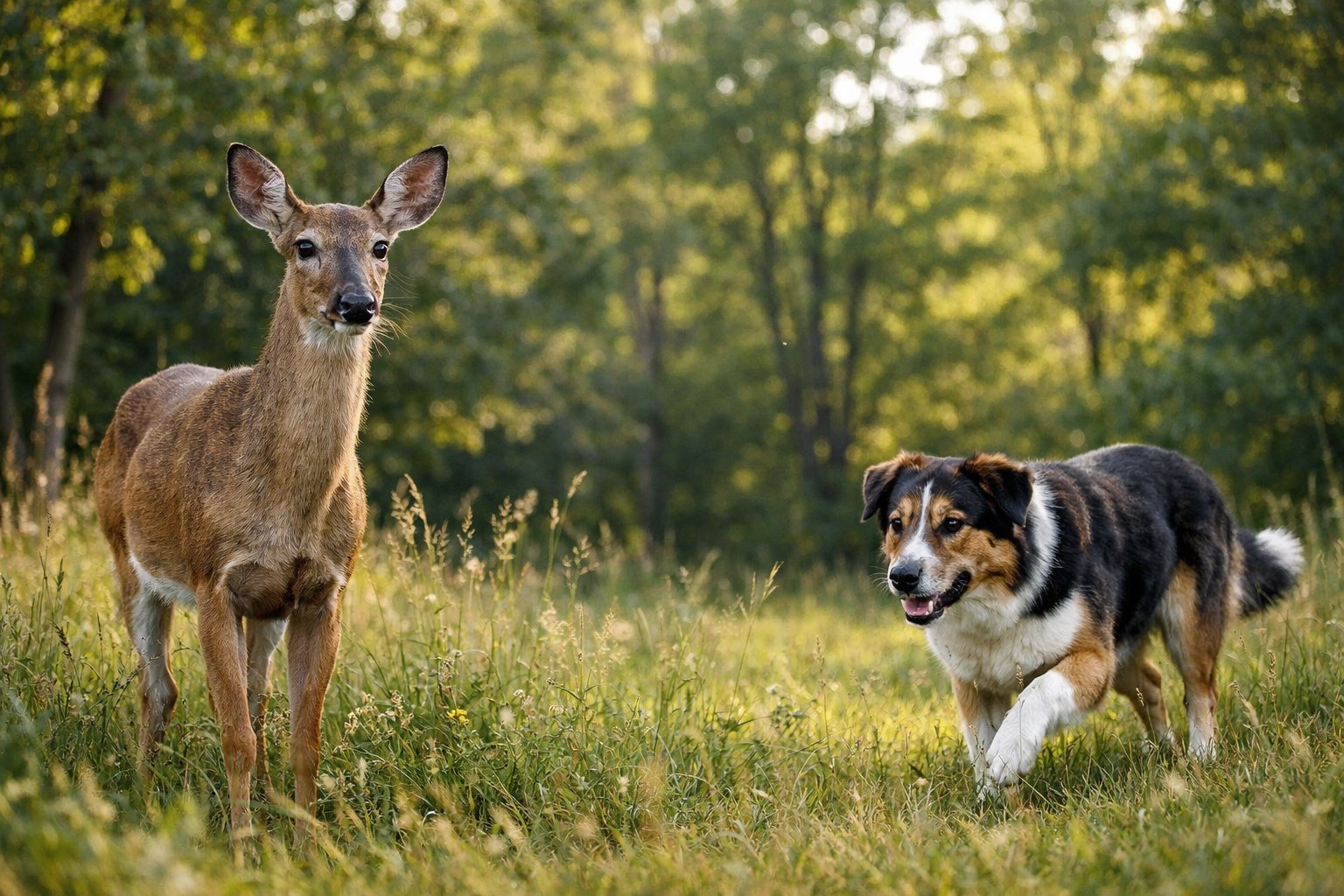A deer standing alert in a forest clearing as a dog approaches nearby.