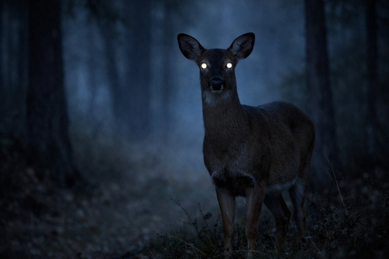 A deer standing in a dim forest at dusk with its eyes reflecting light, surrounded by trees and mist.