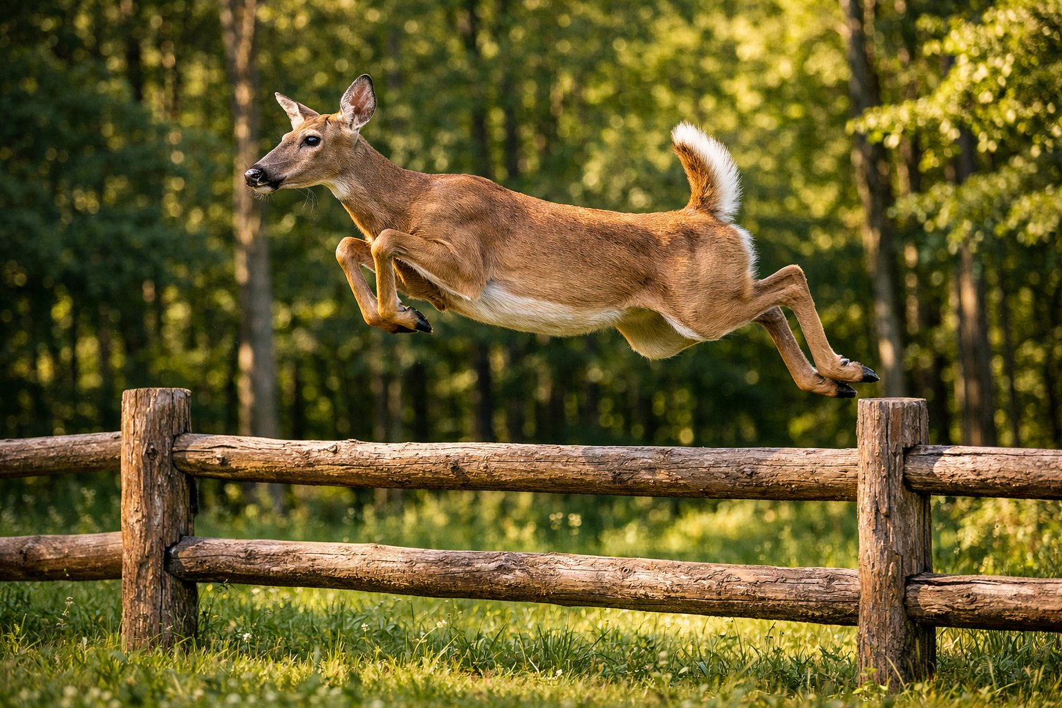A deer jumping over a three-foot wooden fence in a forest clearing.