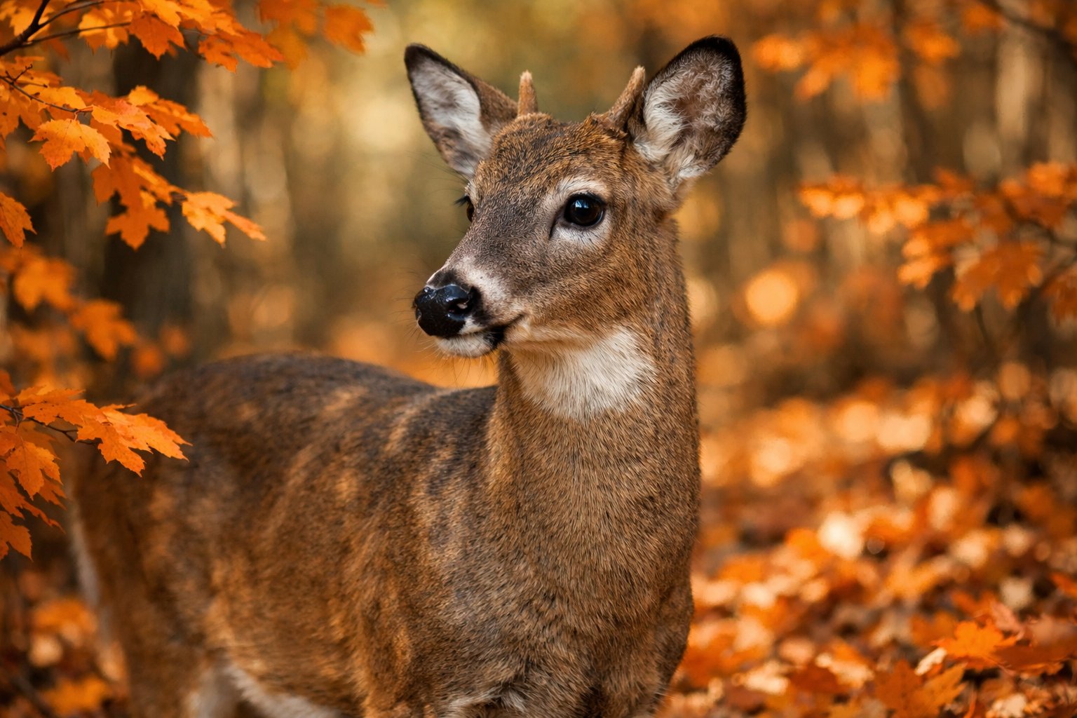 A deer standing in a forest clearing surrounded by orange autumn leaves.