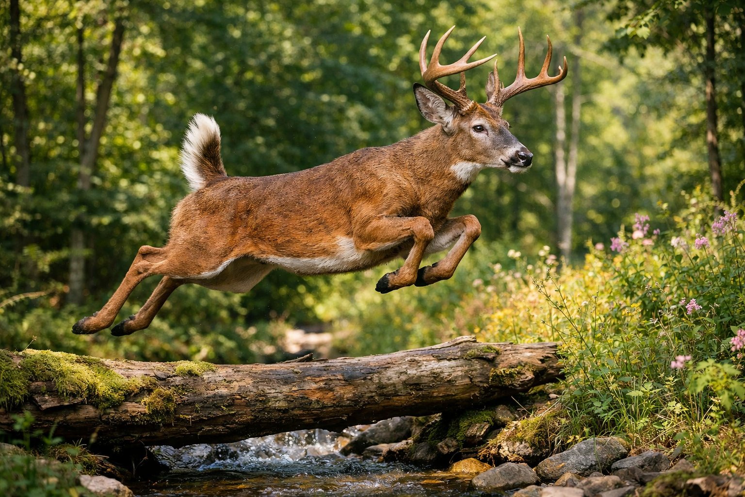 A deer jumping over a fallen log in a green forest.