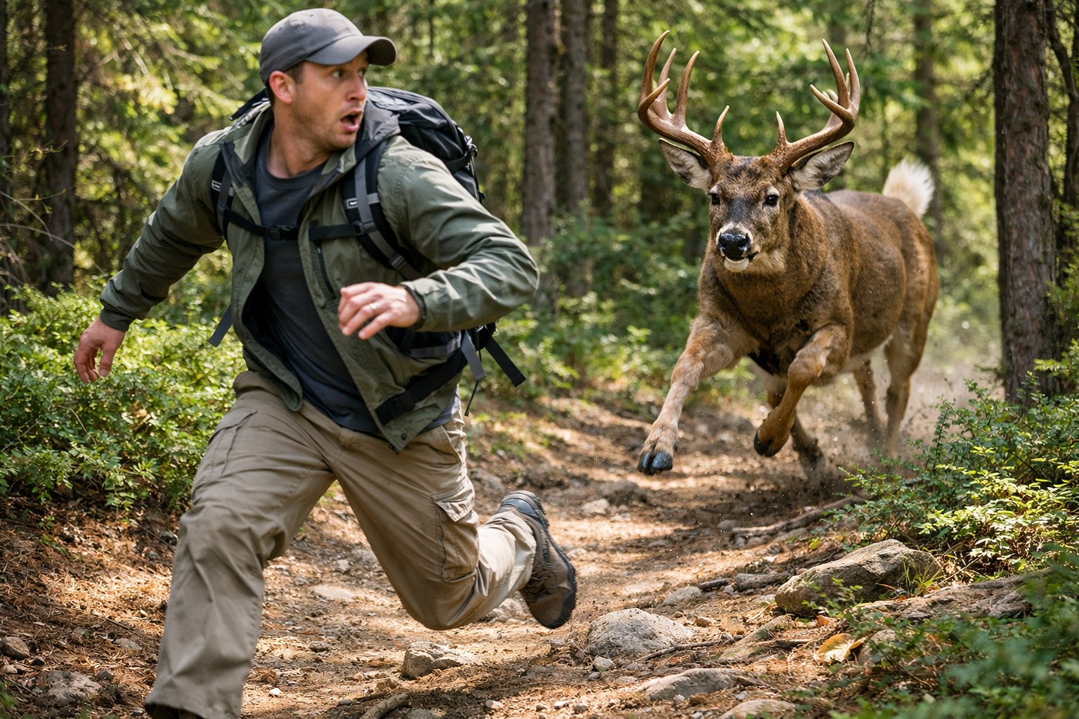 A person running through a forest with a deer chasing behind them.
