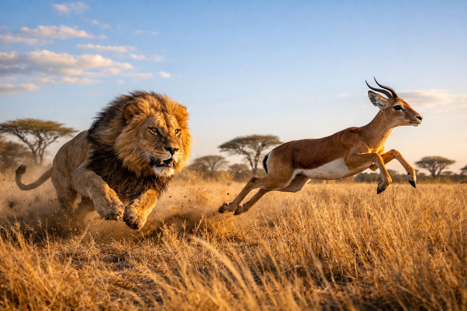 A lion chasing a deer across a grassy savanna with dust rising from their movement.
