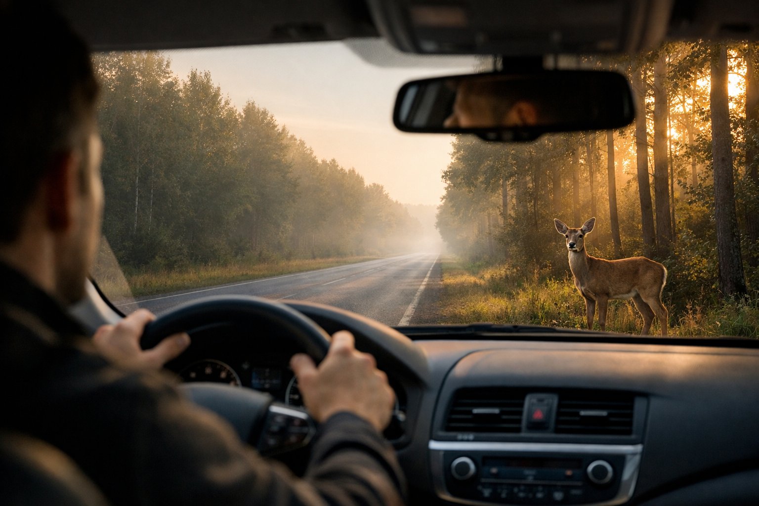 A driver in a car on a rural road looks ahead as a deer stands near the roadside among trees.