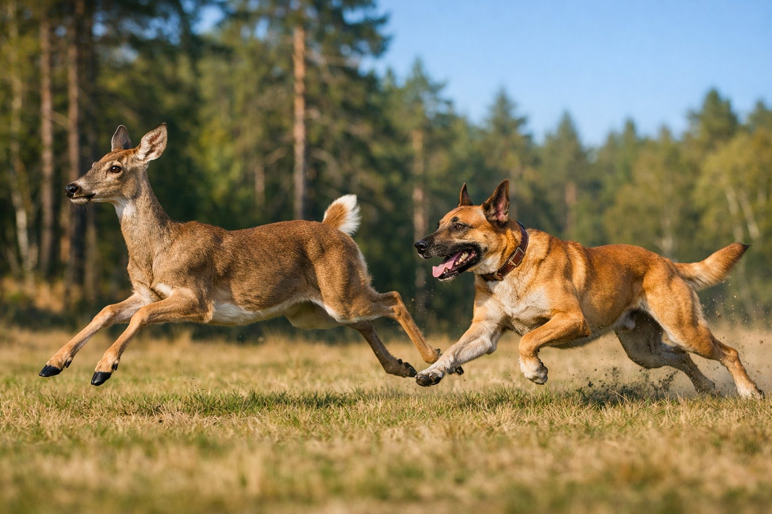 A deer and a dog running side by side across a grassy field with a forest in the background.