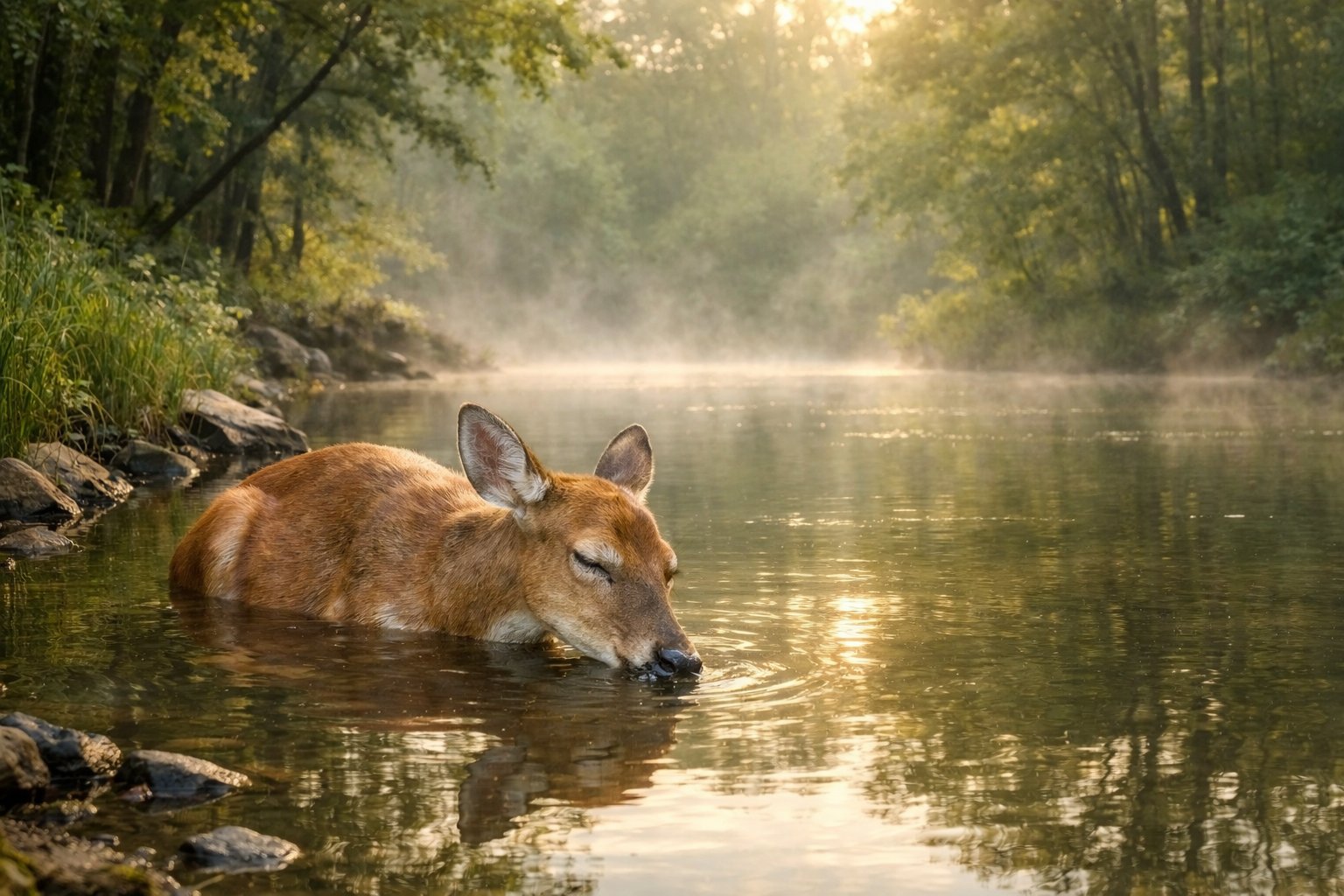 A deer resting with its head lowered in shallow water near a forested riverbank at dawn.