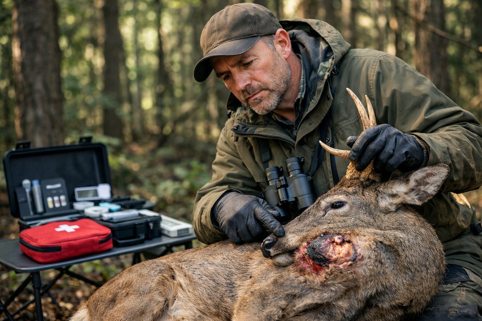 A person in outdoor clothing carefully examining a deer carcass in a forest, highlighting caution in hunting and food safety.