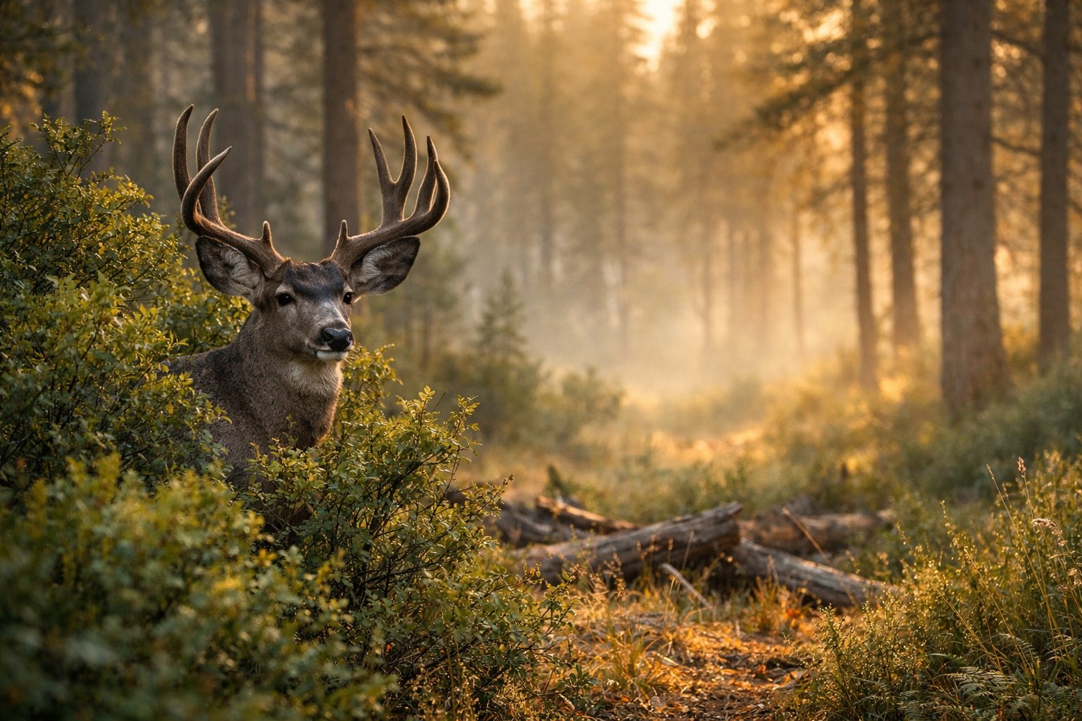 A mule deer standing partially hidden among trees and plants in a misty forest at dawn.