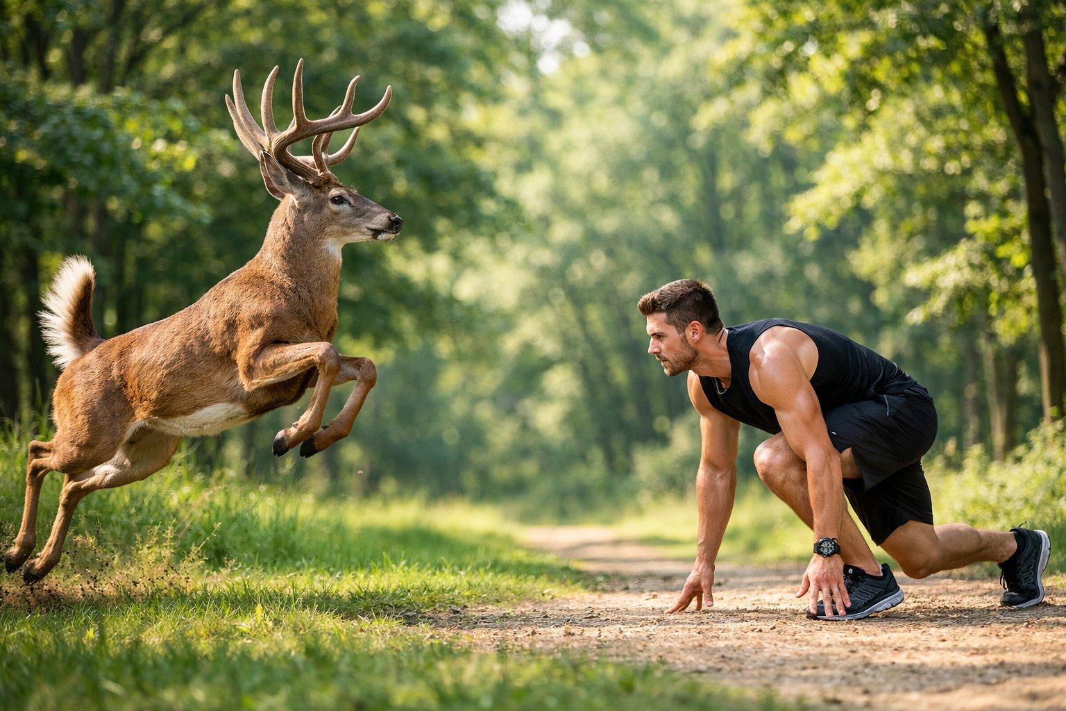 A deer leaping in a forest clearing facing a human runner poised to sprint on a dirt trail.