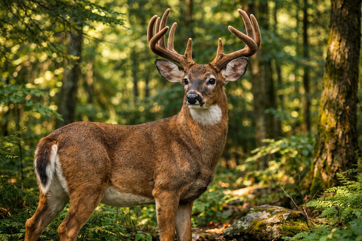 A deer standing in a green forest with trees and sunlight filtering through the leaves.