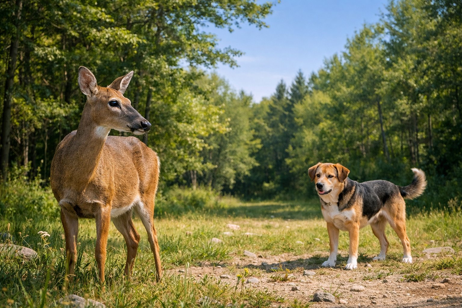 A deer looking cautiously at a nearby dog in a forest clearing during the day.
