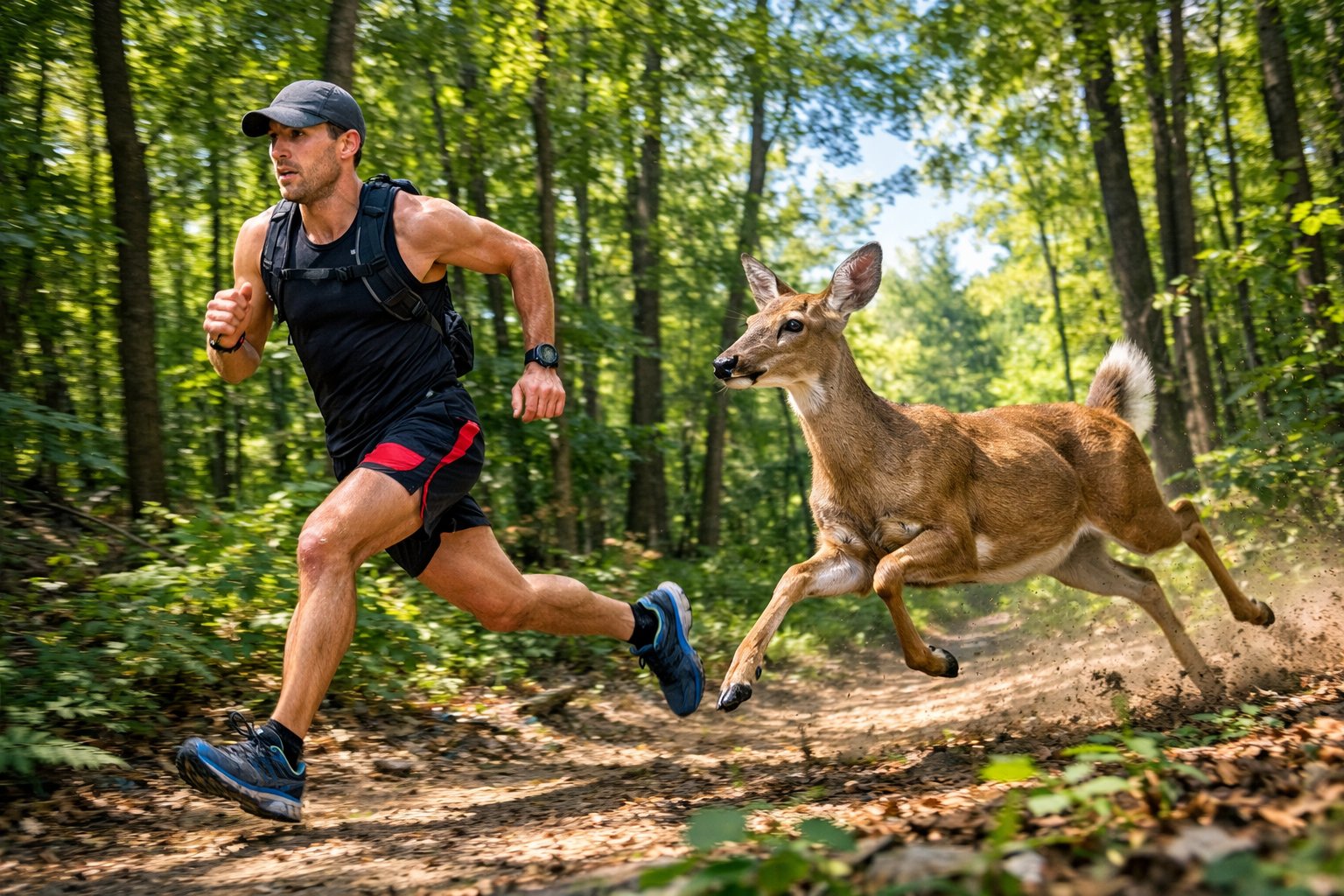 A person running quickly through a forest trail with a deer running close beside them.