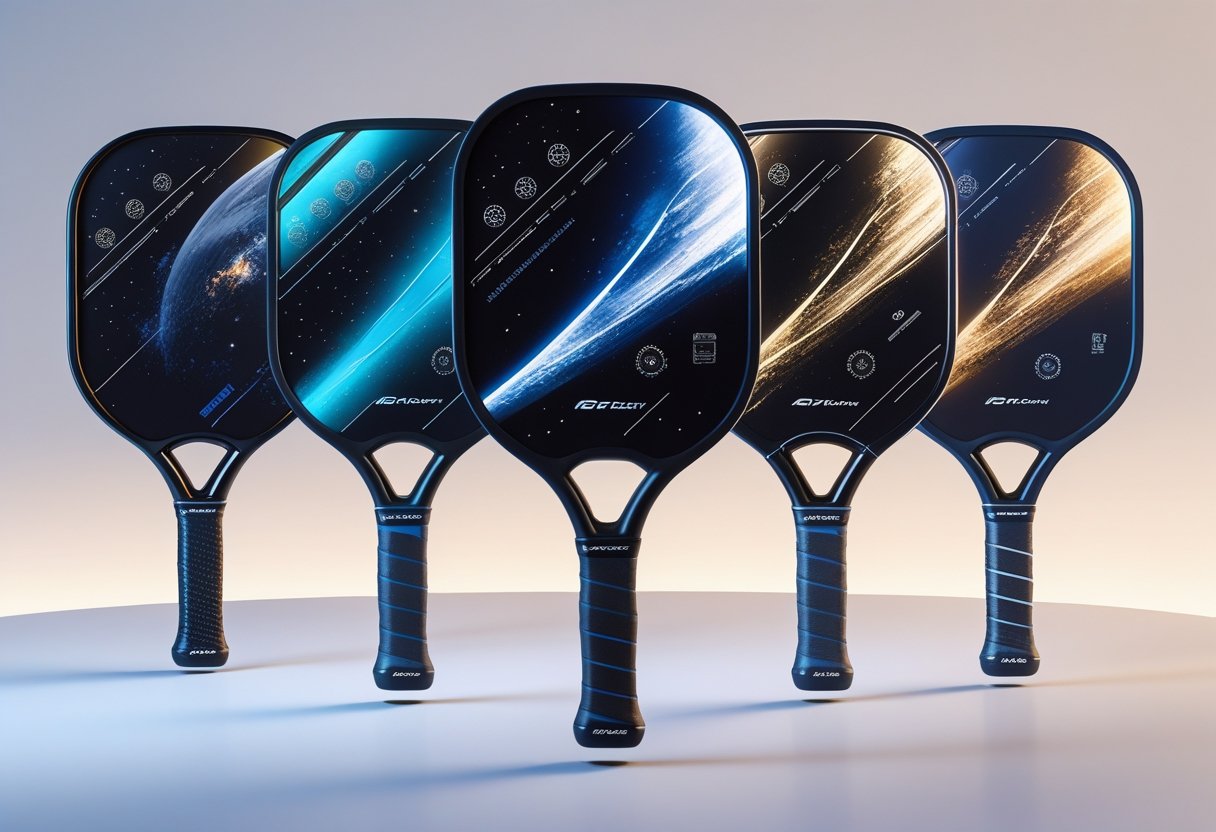 An illustration of five high-tech pickleball paddles arranged together, featuring sleek designs inspired by space technology.