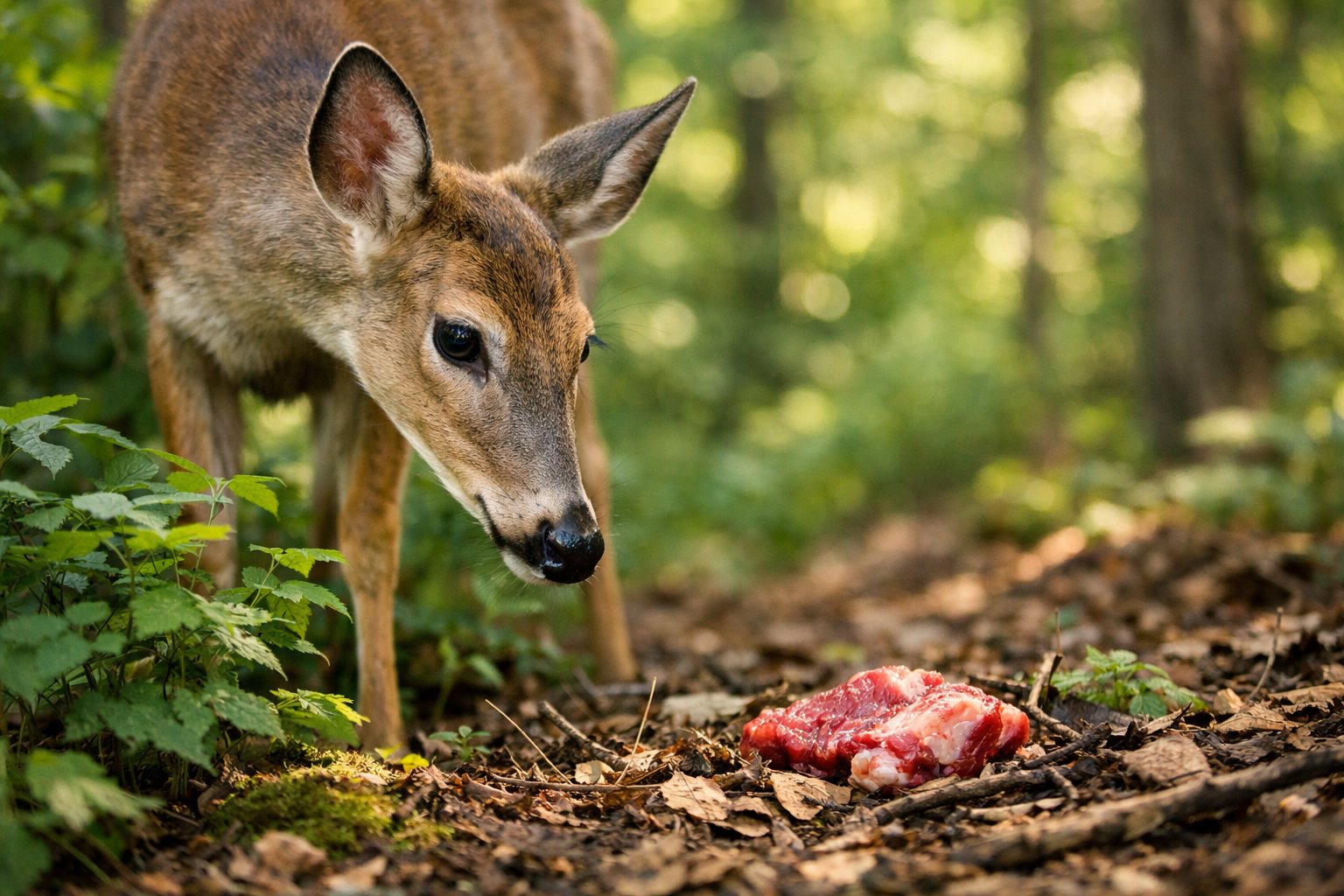A deer standing in a forest near a small piece of raw meat on the ground surrounded by green plants.