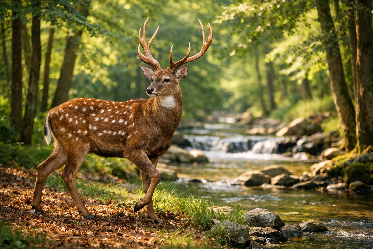An adult deer standing in a forest with green trees and a stream in the background.