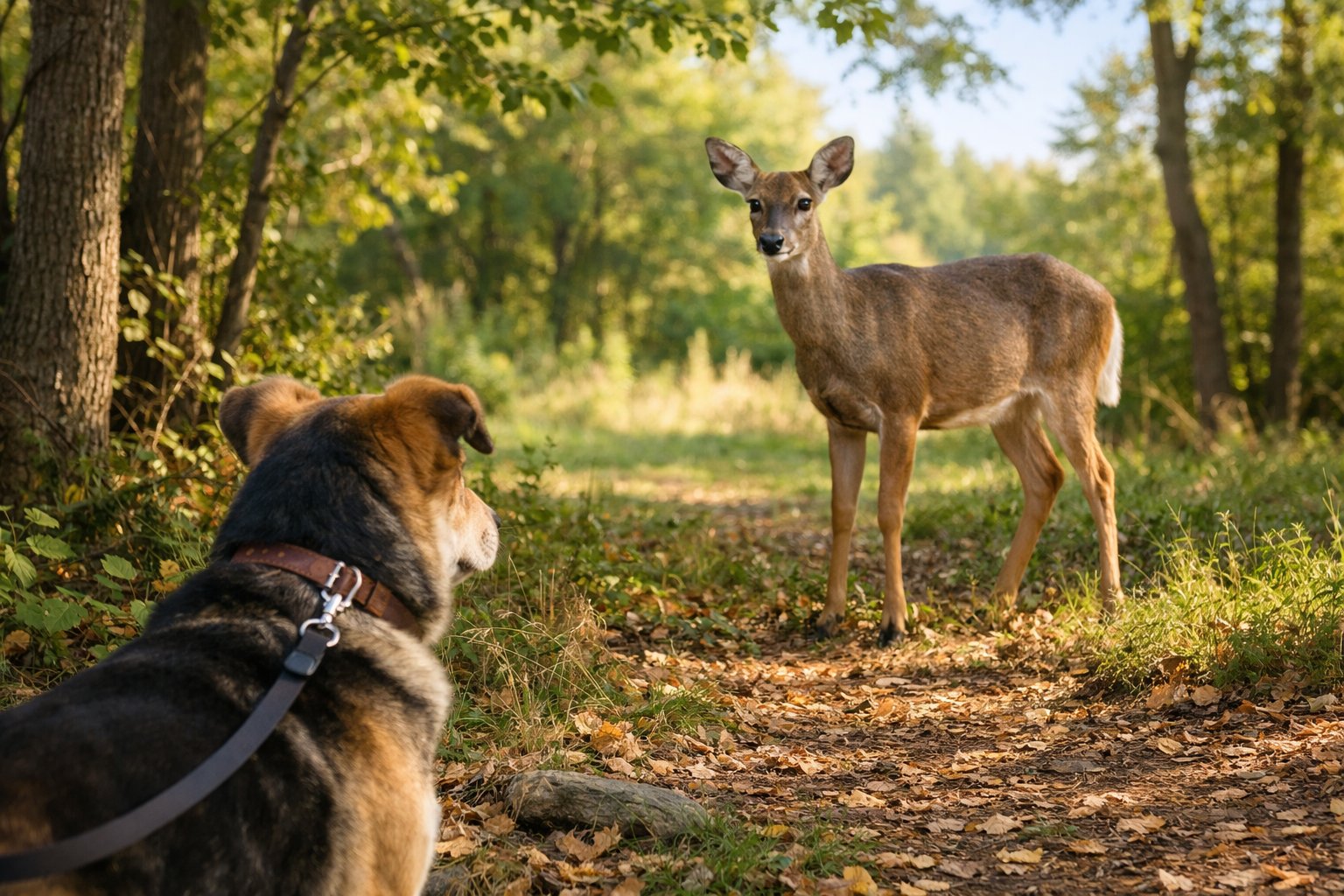 A dog on a leash looking at a deer standing nearby in a forest setting.