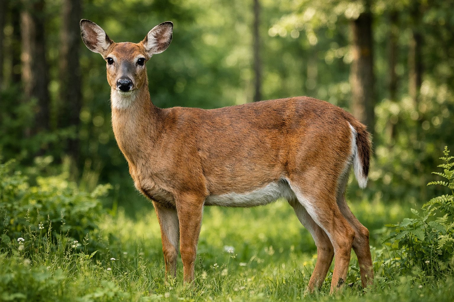 An adult deer standing in a green forest clearing with trees in the background.