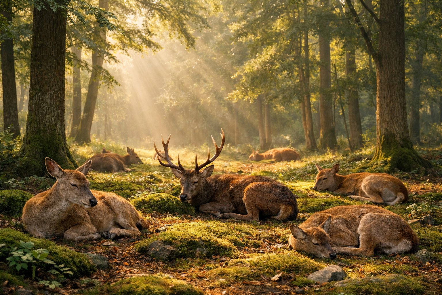 A group of deer resting quietly on the forest floor surrounded by trees and morning sunlight.