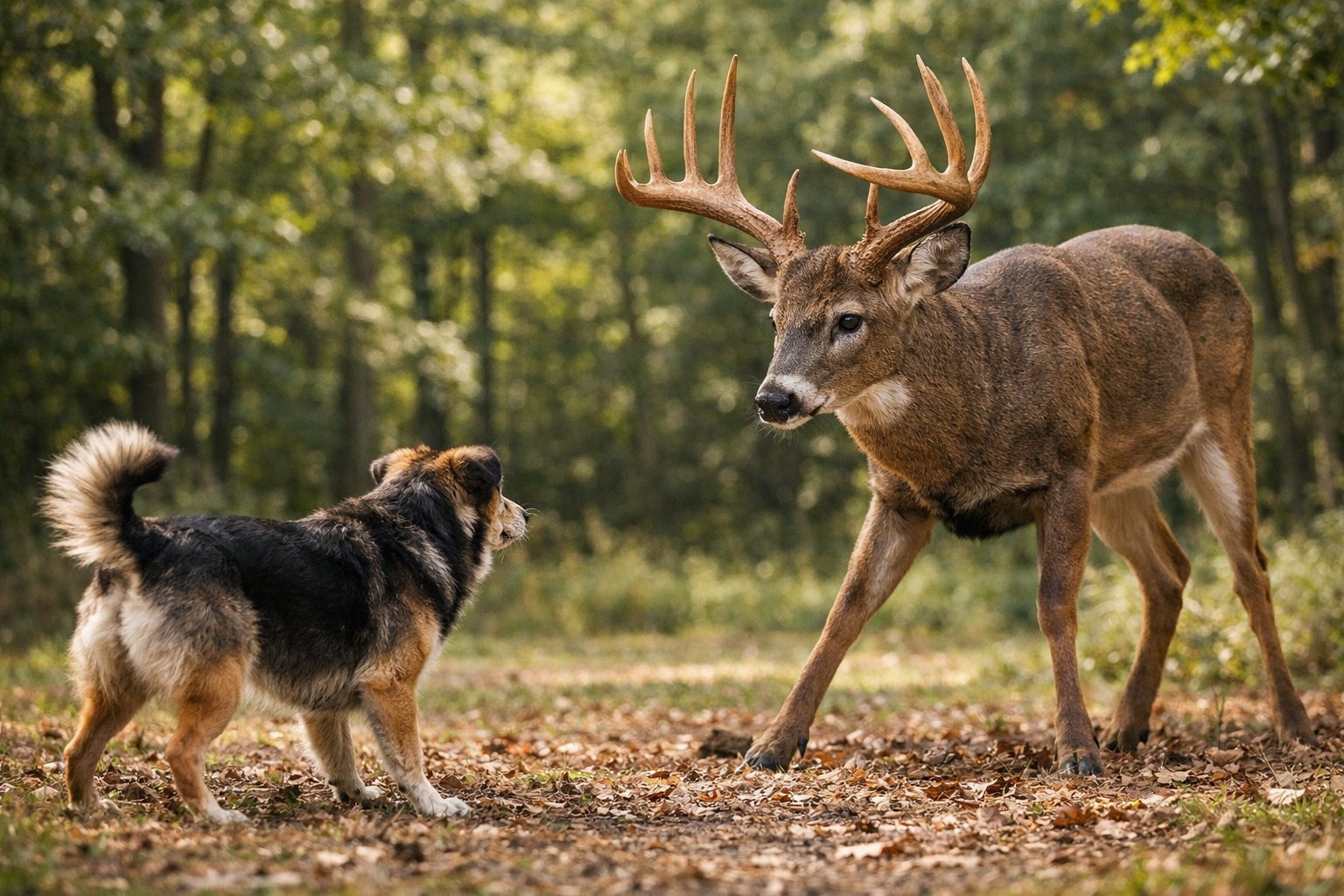 A dog and a deer face each other in a forest clearing, both alert and cautious.