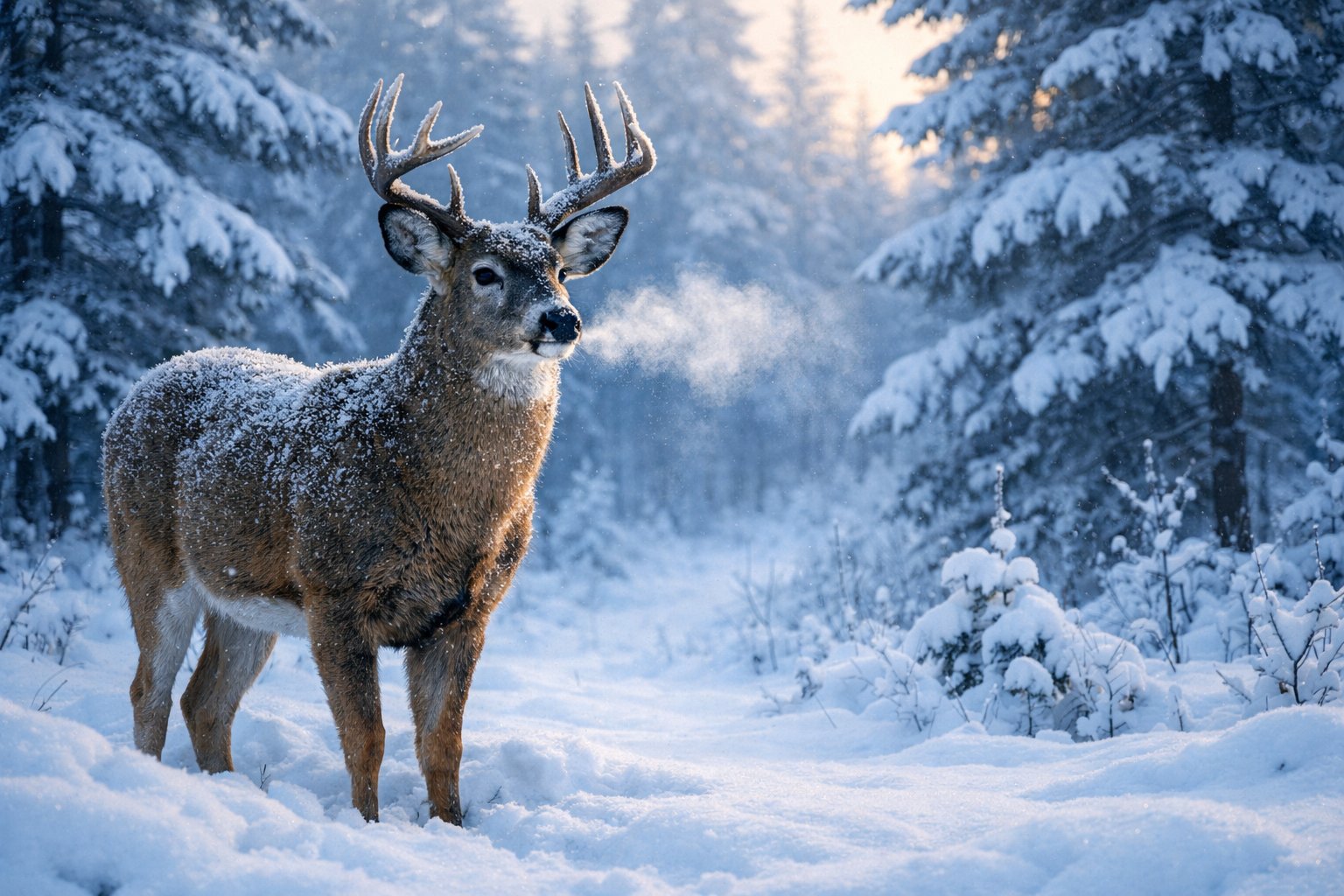 A deer standing in a snowy forest with frost on its fur and visible breath in cold air.