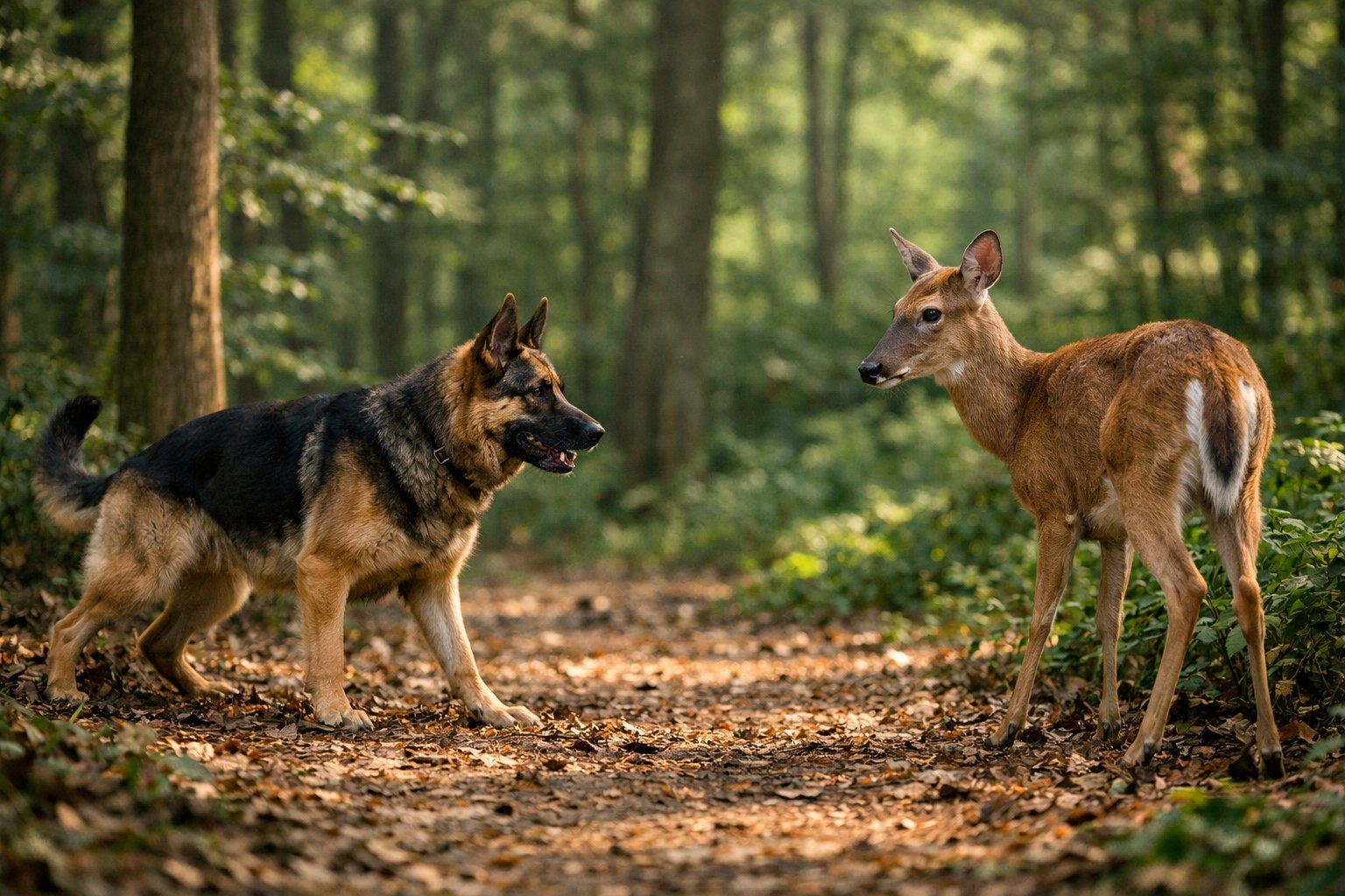 A dog and a deer facing each other cautiously in a forest with trees and sunlight.