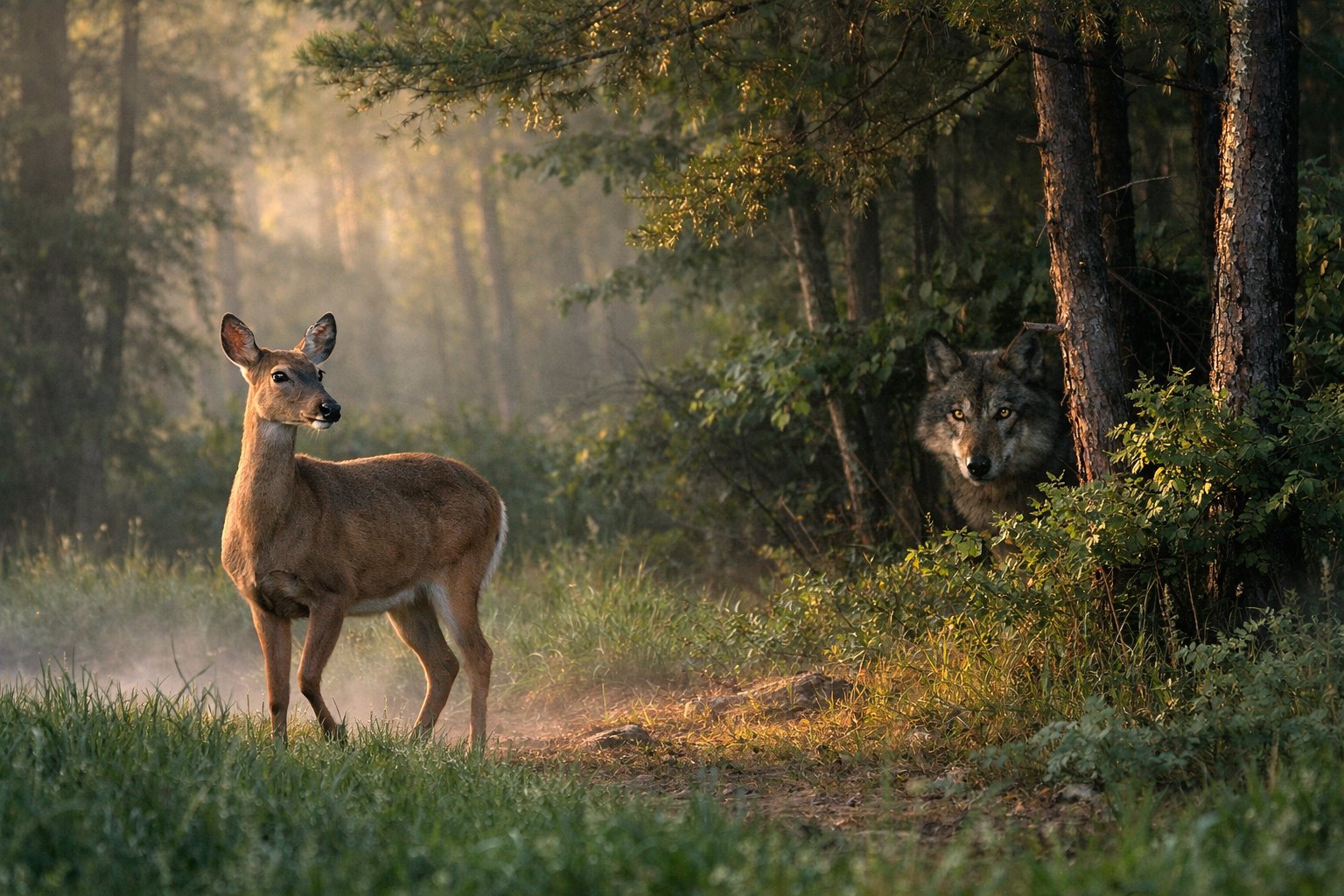 A deer standing near a forest clearing with a wolf partially hidden behind trees watching it.