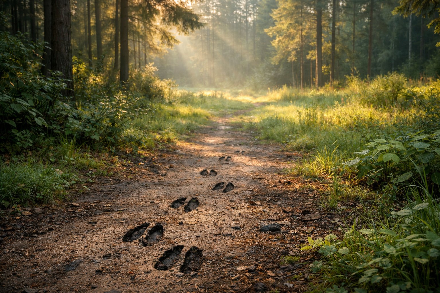 A quiet forest clearing with deer tracks on a dirt path surrounded by trees and green plants, but no deer are visible.