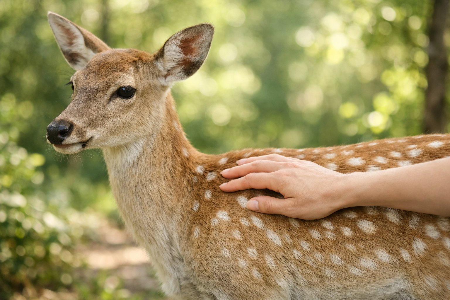 A human hand gently touching the side of a calm deer standing in a green forest.