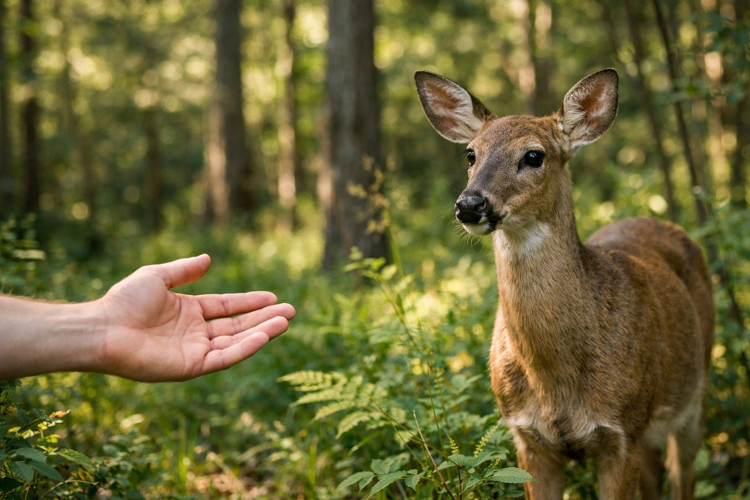 A person’s hand reaching out cautiously toward a calm wild deer standing in a forest.