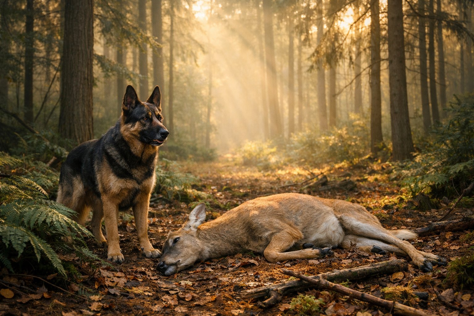 A dog stands next to a fallen deer in a forest with sunlight filtering through the trees.
