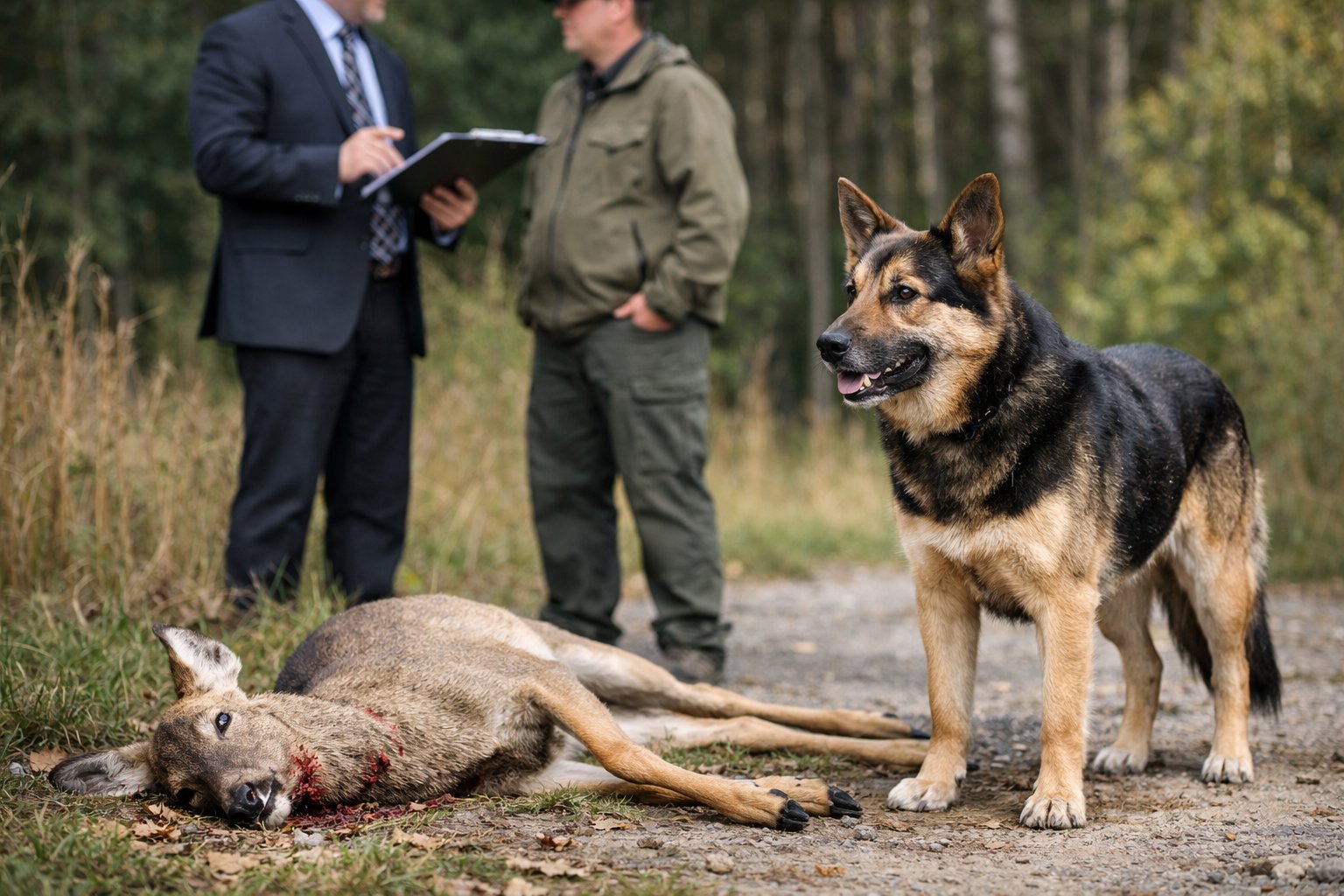 A dog standing next to a dead deer on the ground while two people discuss the situation outdoors near a forest.