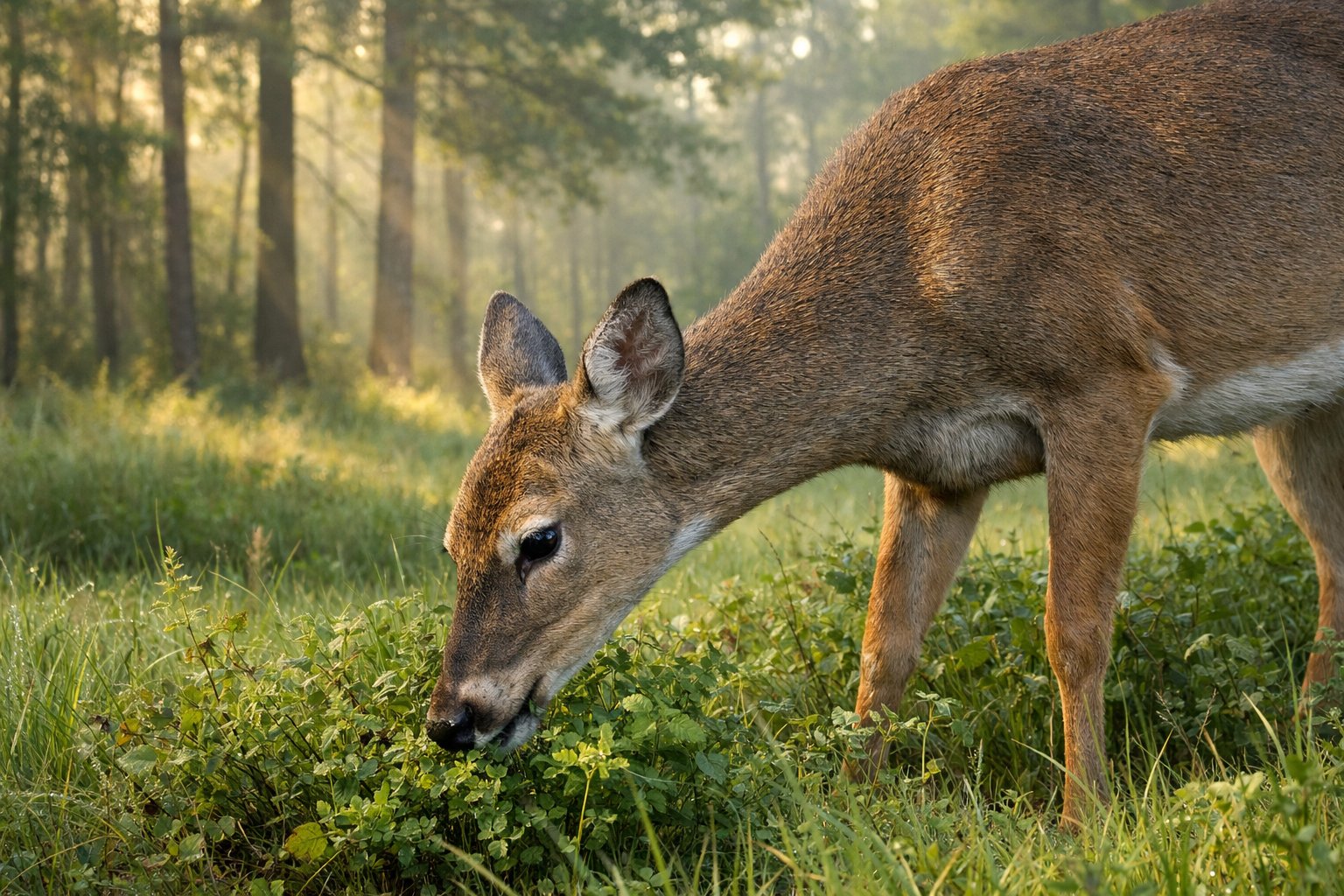 A deer grazing on grass in a forest clearing with sunlight filtering through the trees.