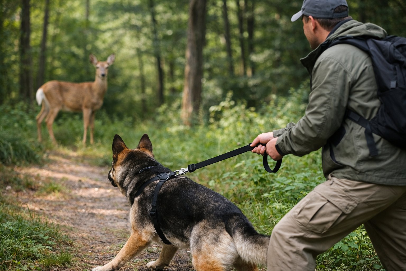 A person holding a dog on a leash in a forest while a deer stands nearby.