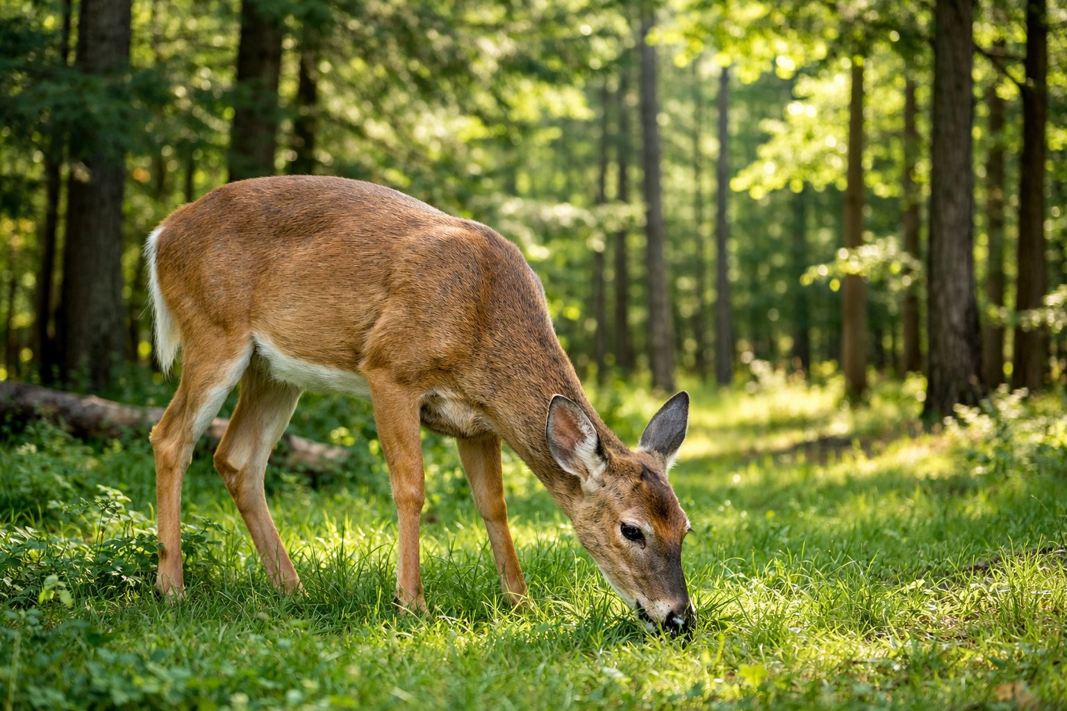 An adult deer grazing on green grass in a sunlit forest with tall trees in the background.