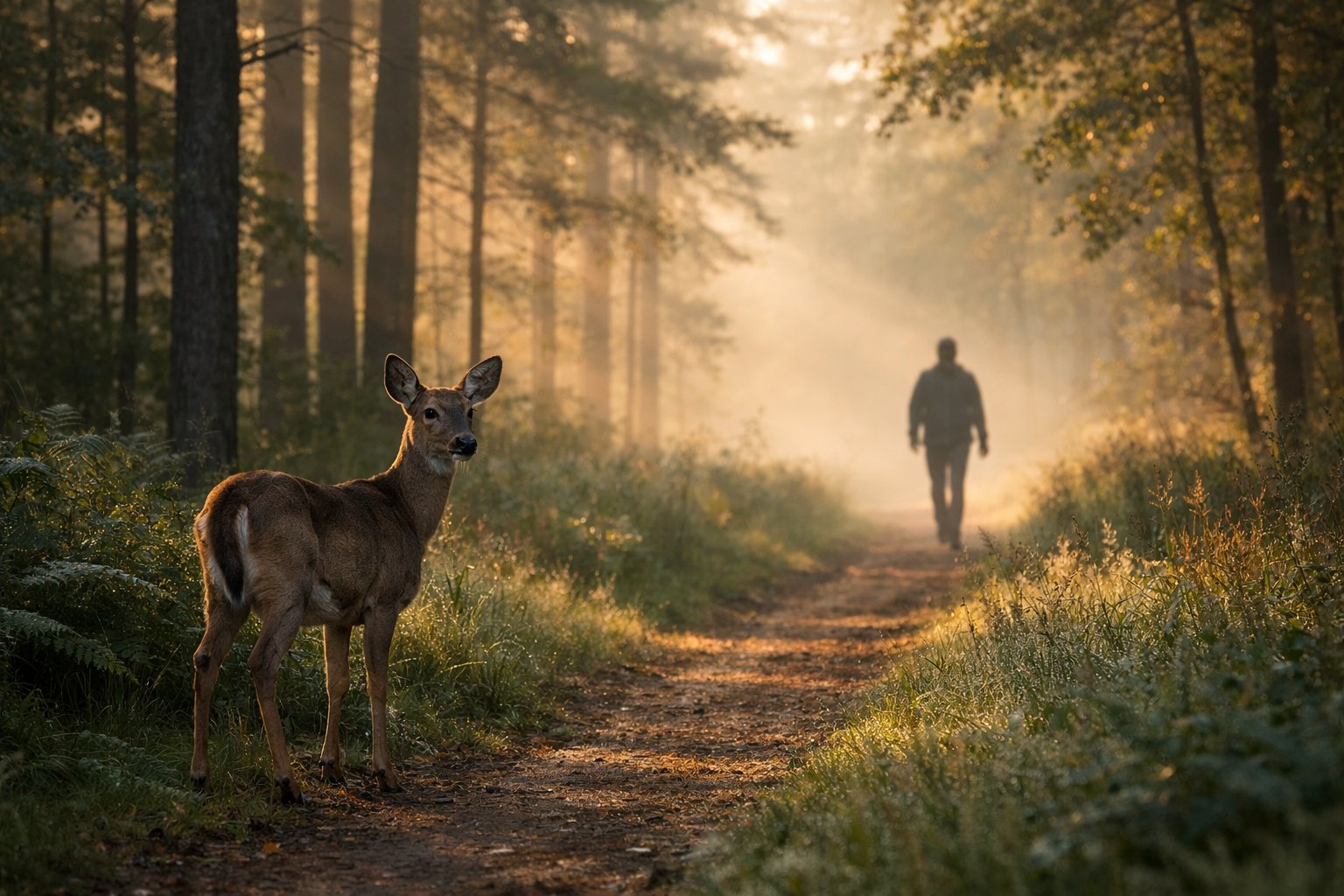 A deer standing alert on a forest path looking towards a distant human figure walking through the trees.