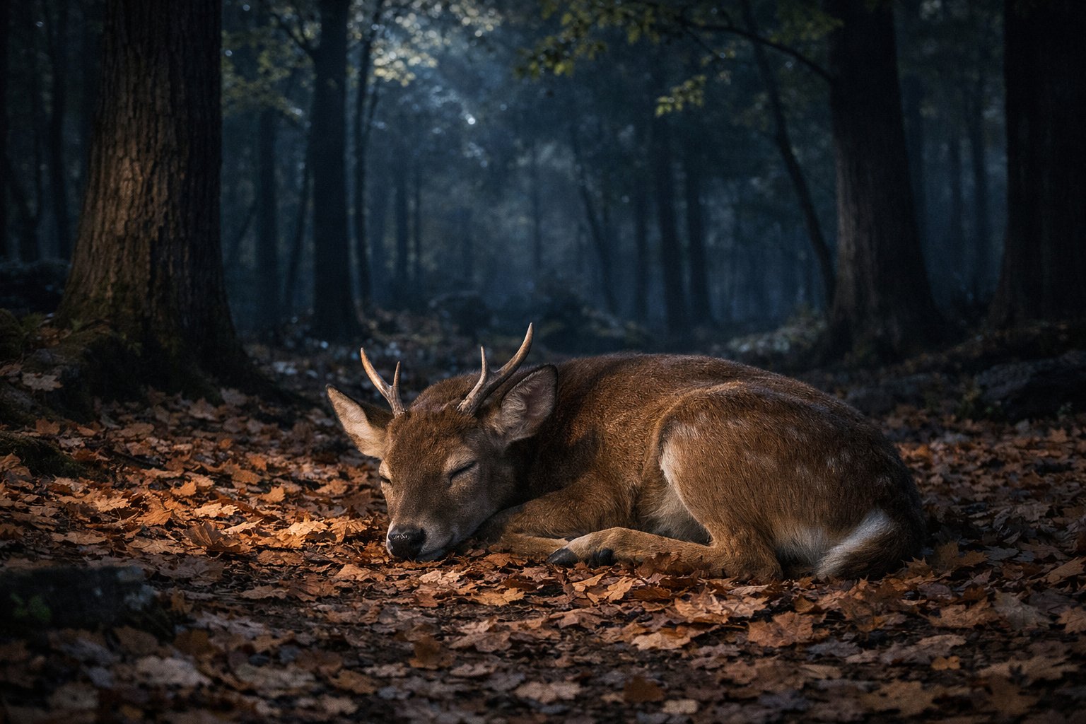 A deer sleeping peacefully on the forest floor at night under moonlight.